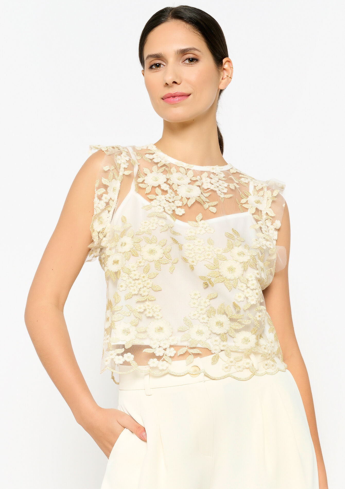 Voile top met bloemen - OFFWHITE - 05702480_1001