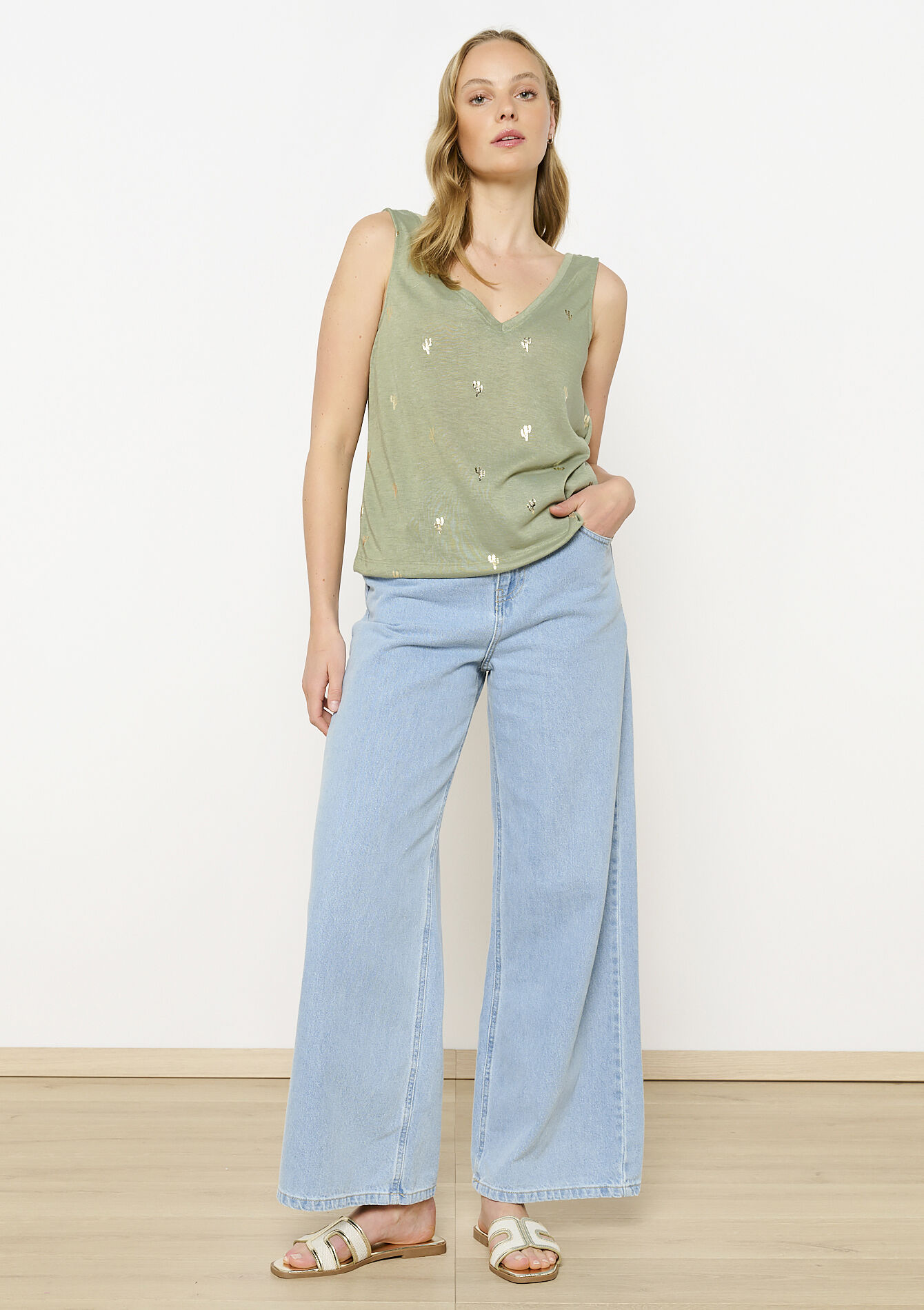 Gold-detail sleeveless top - KHAKI FADED - 02200469