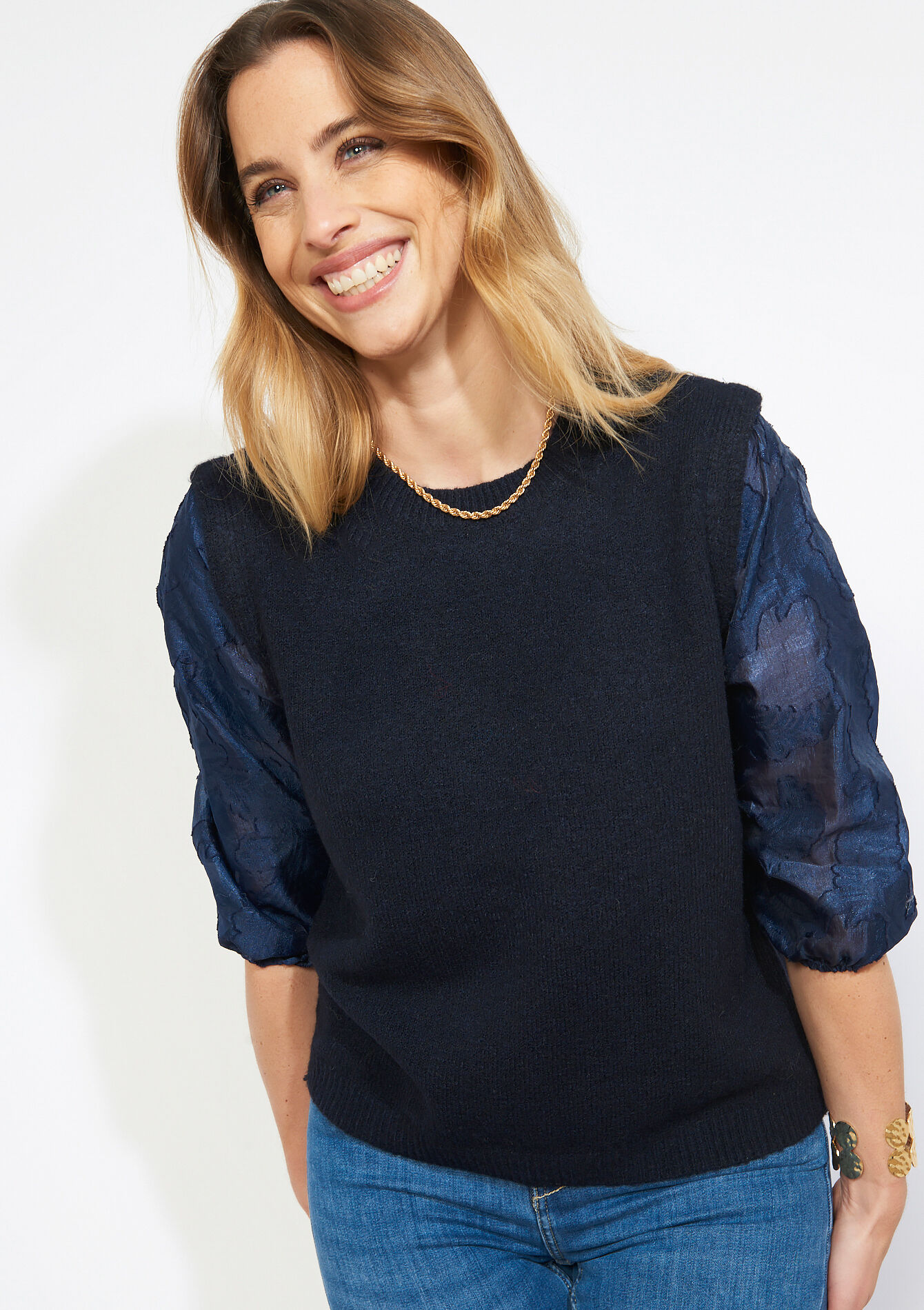 Trui met organza mouwen - NAVY BASIC - 04007166_2723