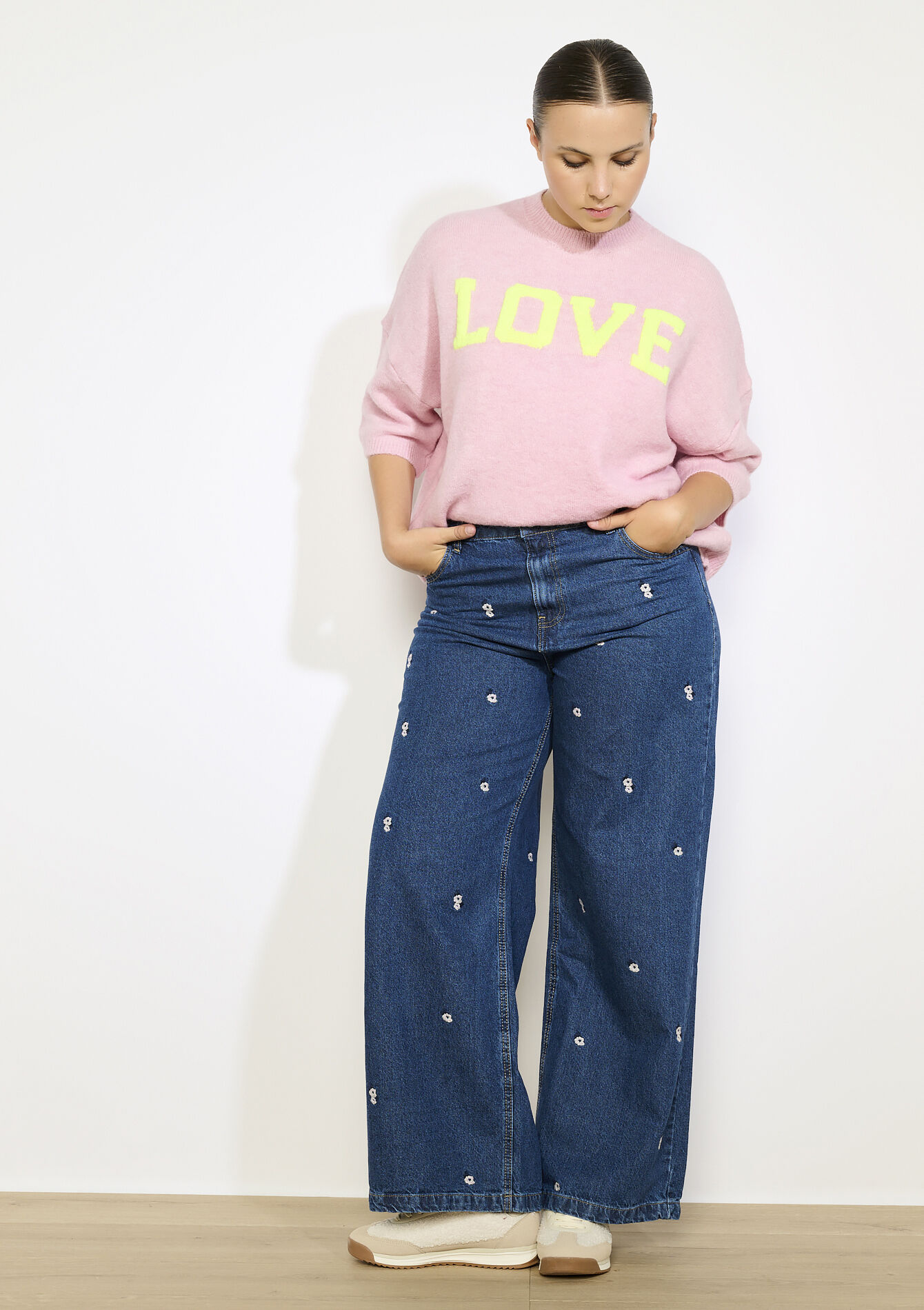 Hoge taille geborduurde jeans, Hoge taille geborduurde jeans - DARK BLUE - 22000622_0501