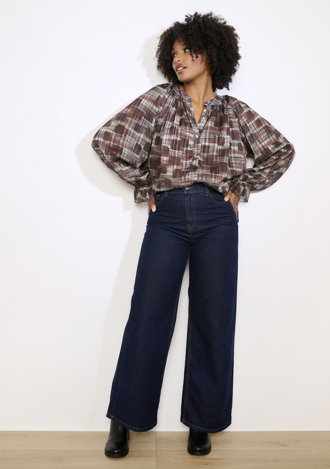 Losvallende blouse met ruiten, Losvallende blouse met ruiten - BROWN DARK CHOCOLATE - 05702998_3720