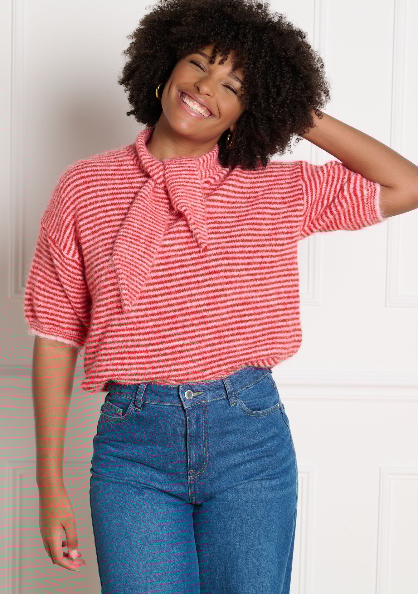 Gestreepte trui met korte mouwen, , back