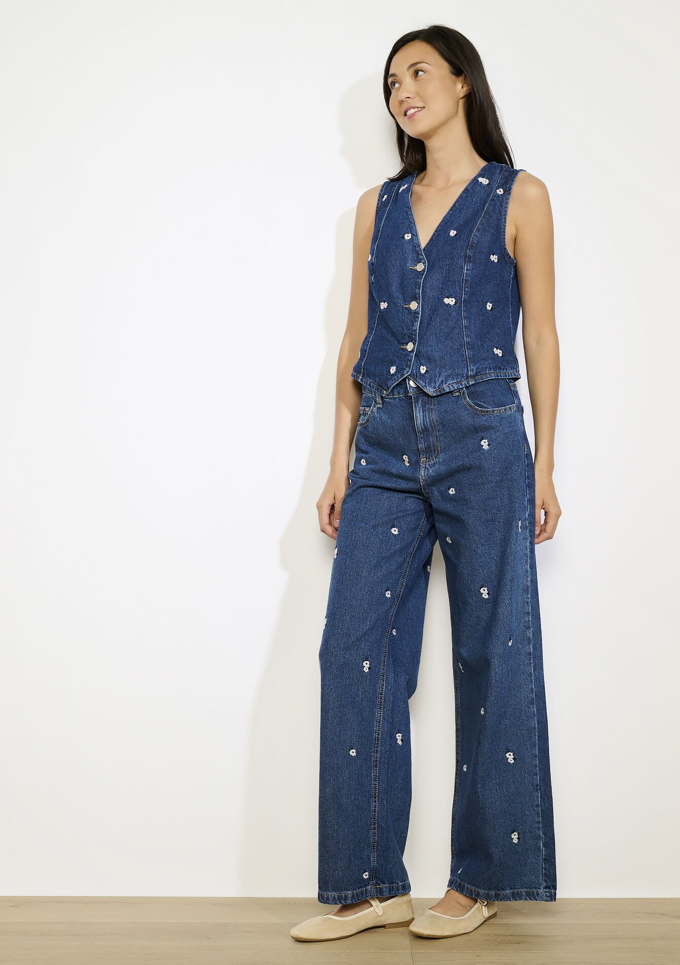 Hoge taille geborduurde jeans, Hoge taille geborduurde jeans - DARK BLUE - 22000622_0501