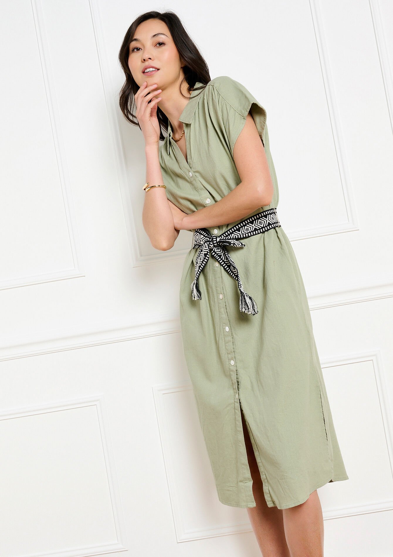 Robe chemise midi boutonnée - KHAKI FADED - 08104317_4326