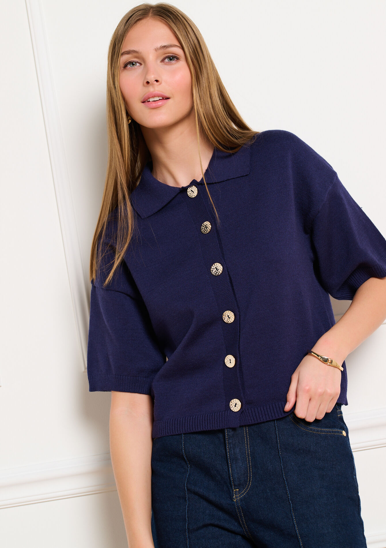 Kortemouw cardigan met polokraag - NAVY BASIC - 04101480_2723