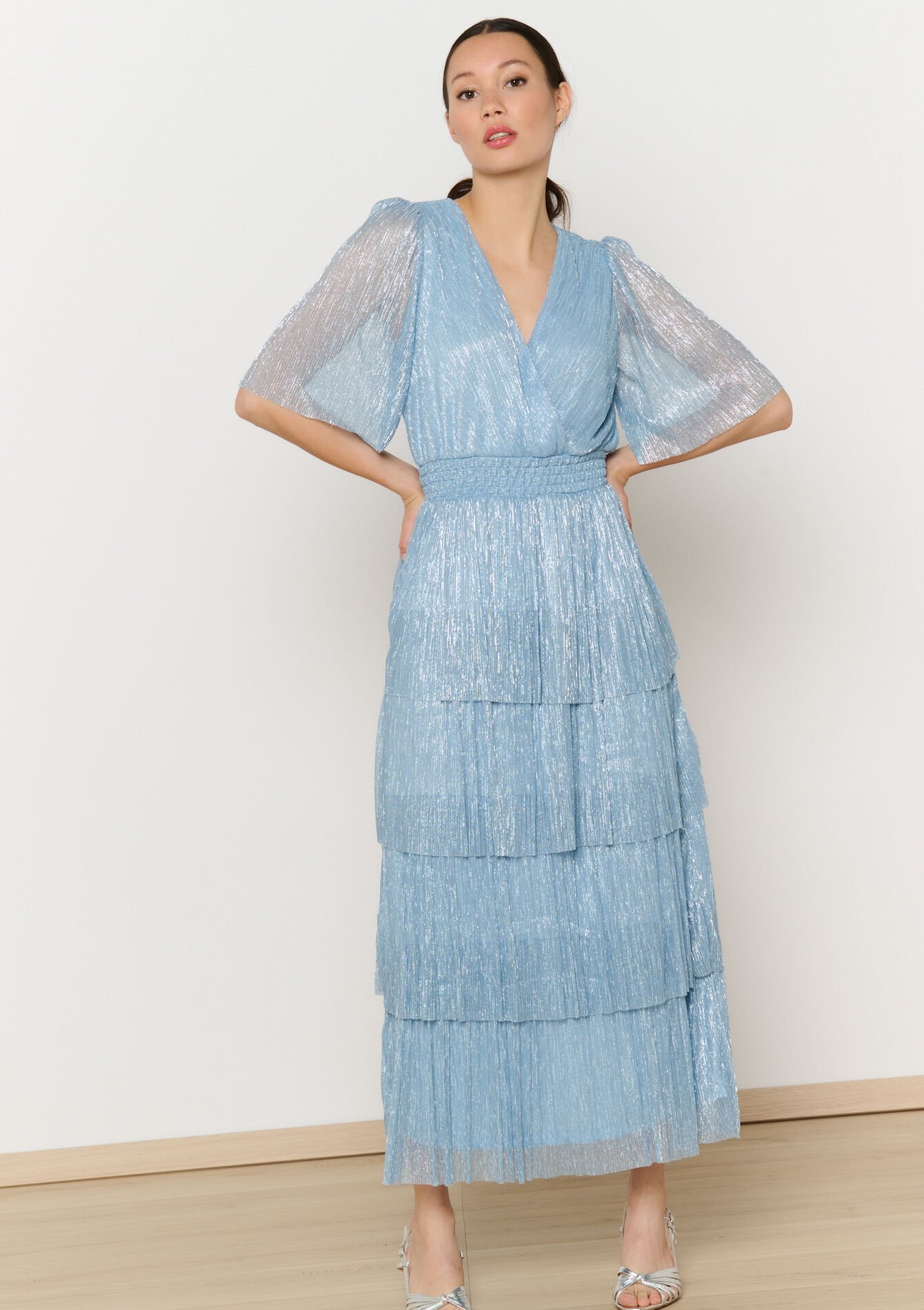 Shiny pleated maxi dress, Shiny pleated maxi dress - BLUE PASTEL - 08104064