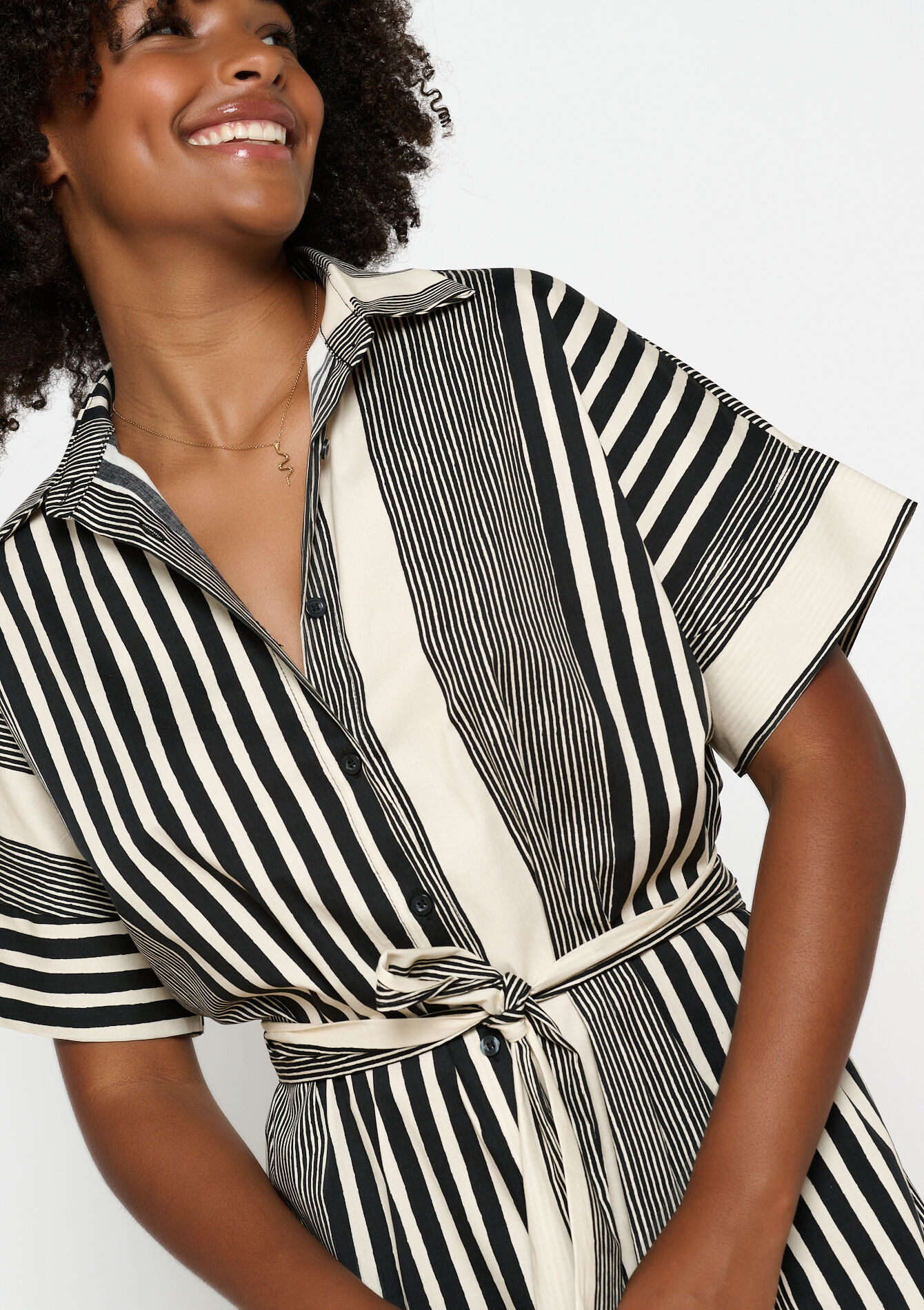 Robe-chemise mi-longue à rayures, Robe-chemise mi-longue à rayures - BLACK - 08103842_1119