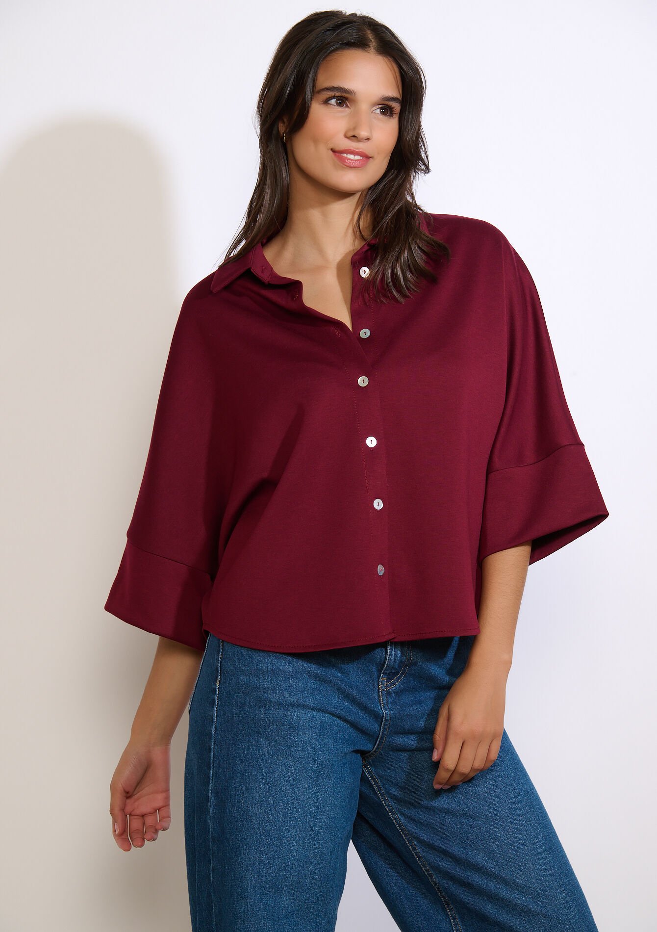 Losvallende polo met knopen, Losvallende polo met knopen - BORDEAU WINE - 02301968