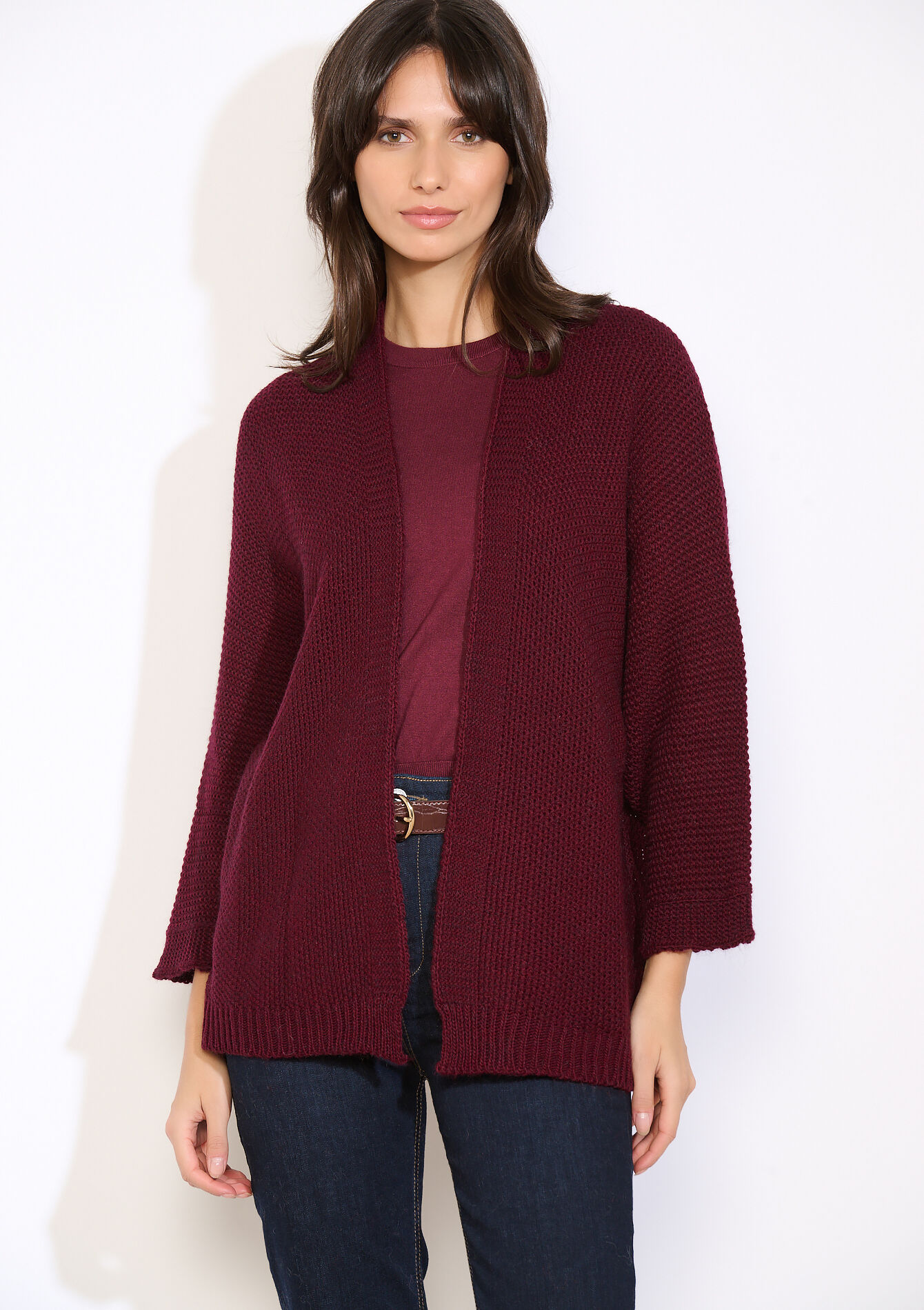 Open knit cardigan, Open knit cardigan - BORDEAU WINE - 04101369_1467