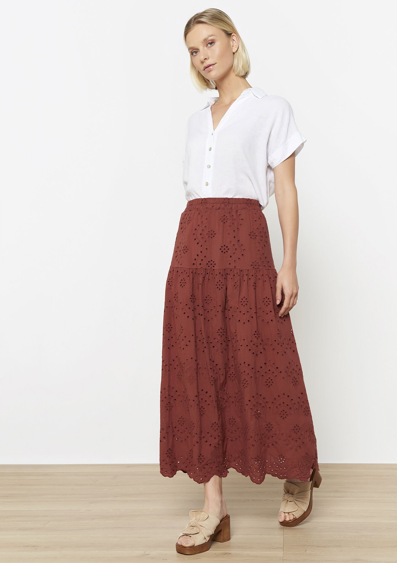 Jupe longue brodée, Jupe longue brodée - TERRACOTTA - 07101377