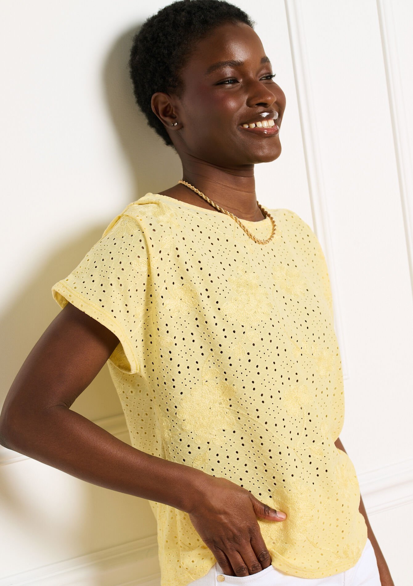 T-shirt met broderie - YELLOW PASTEL - 02302020_5004