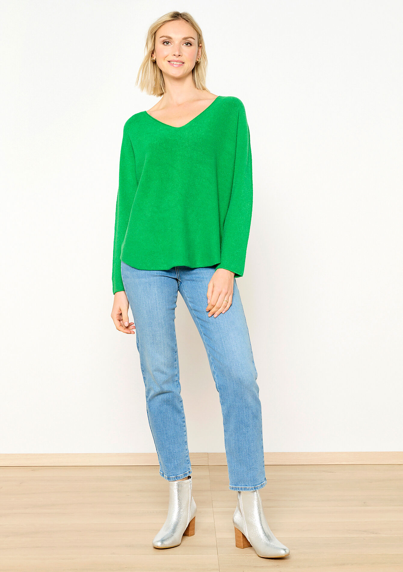 Pullover uni à col V - GREEN APPLE - 04006391_1783