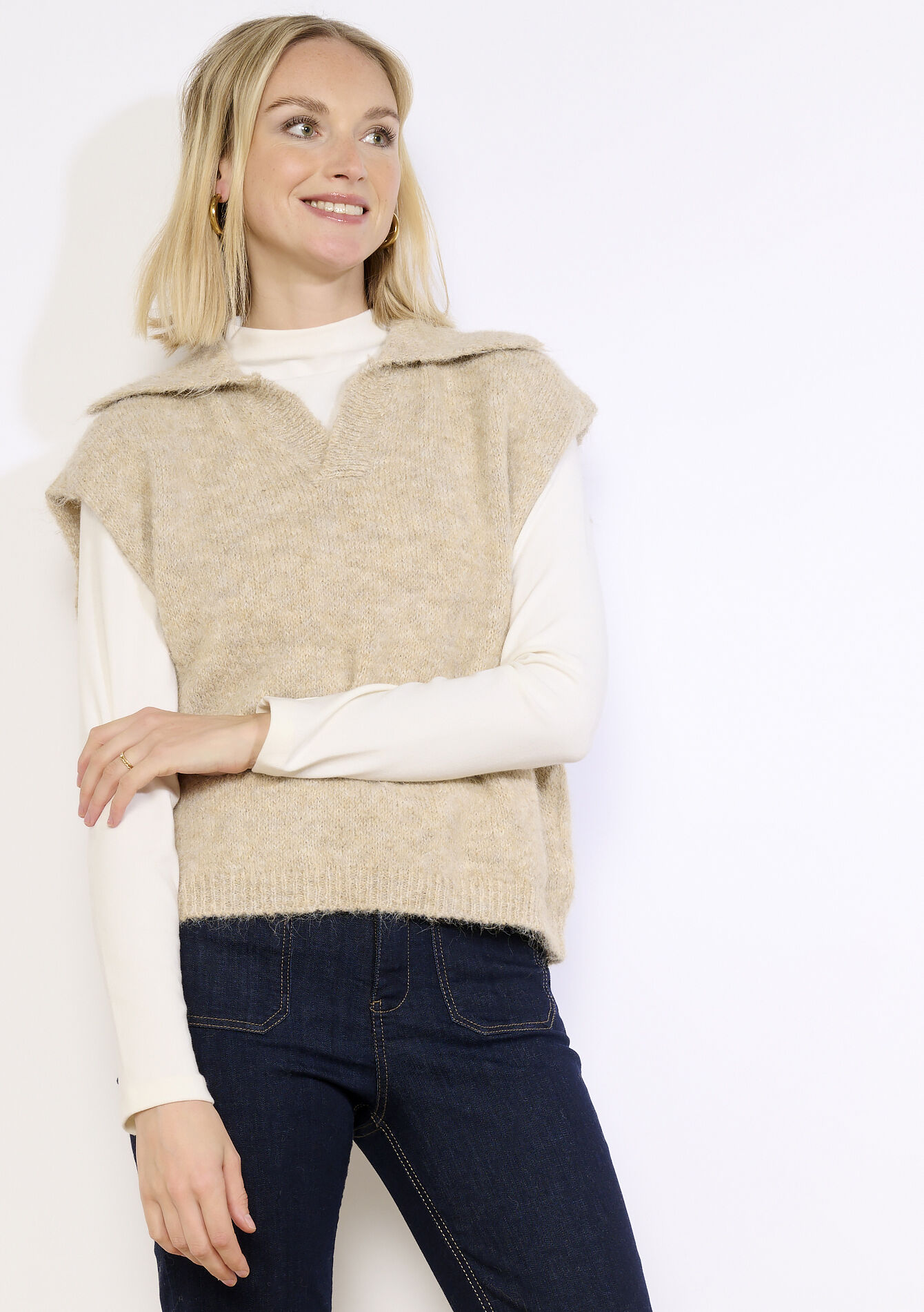 Débardeur col polo sans manches, Débardeur col polo sans manches - BEIGE CHINE - 04007099_4025