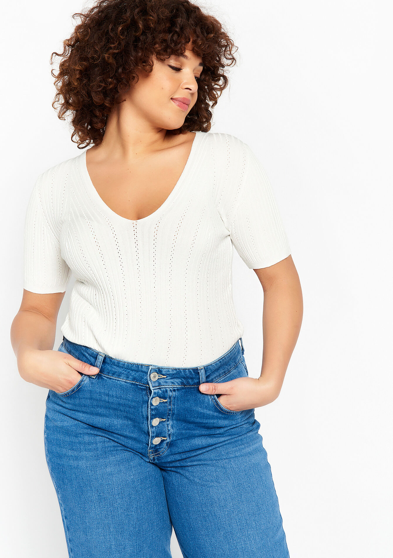 Ribbed pullover with V-neck, Ribbed pullover with V-neck - OFFWHITE - 04006082_1001