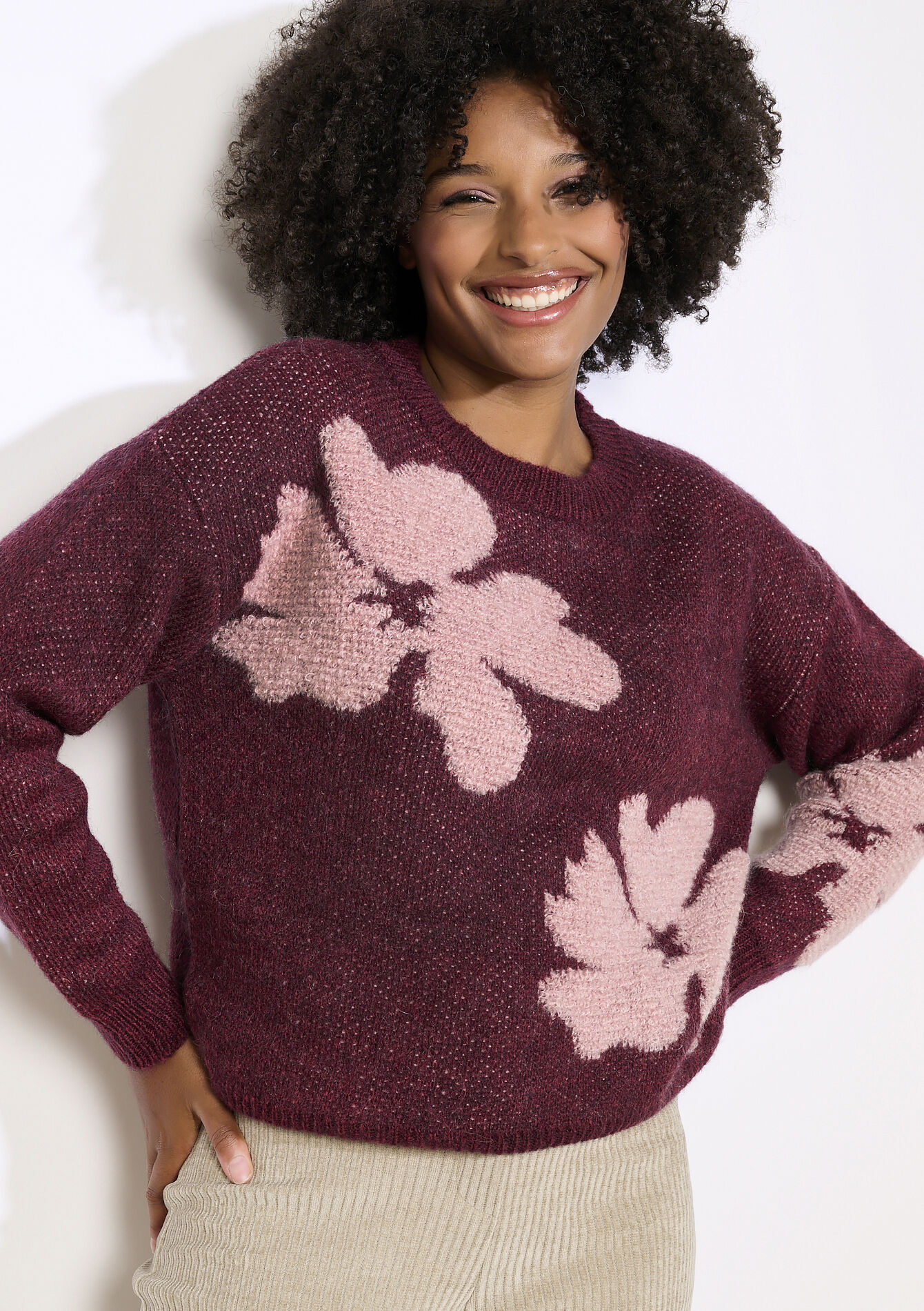Floral jacquard knit sweater - BORDEAUX WINE - 04007116