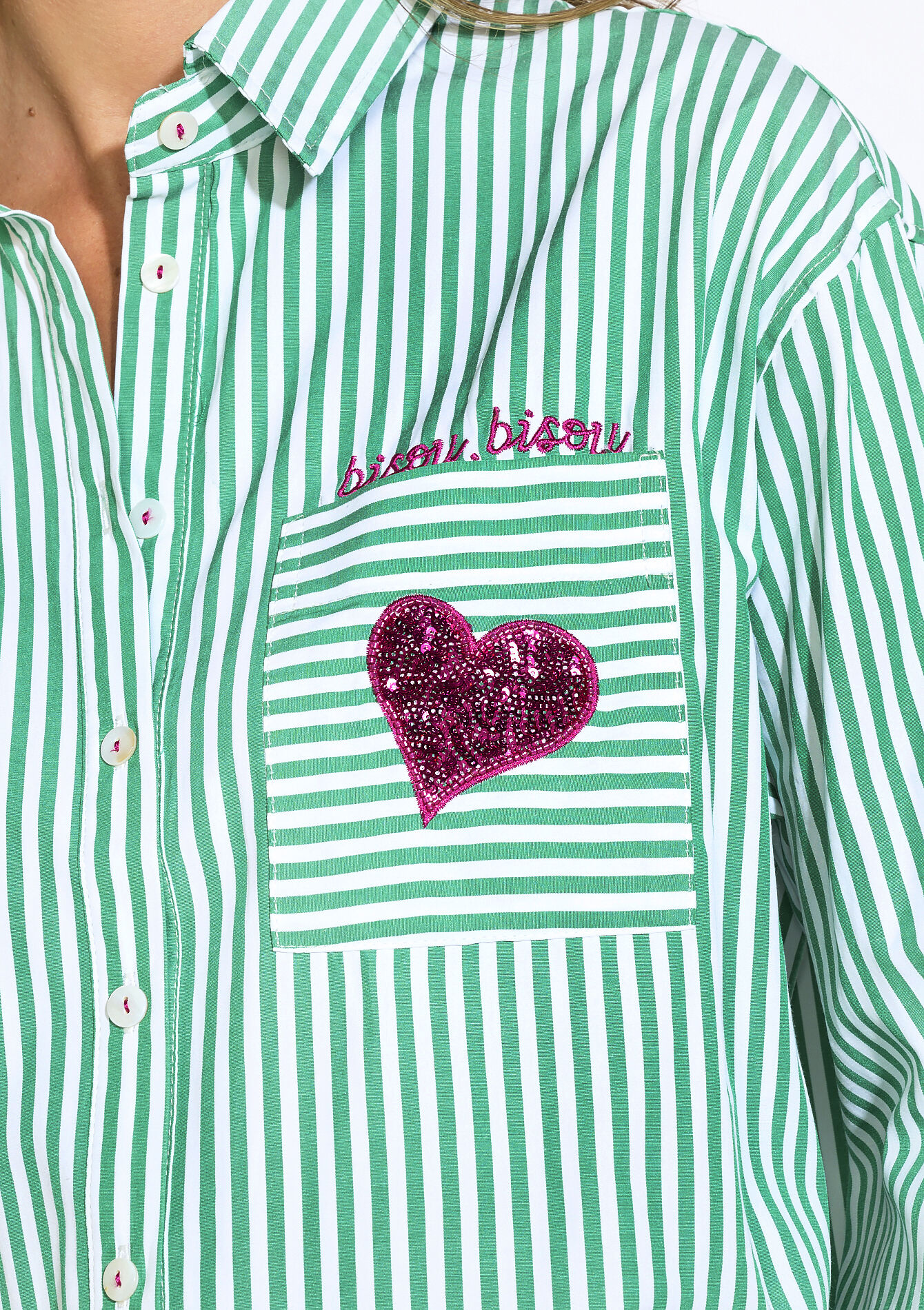 Gestreept hemd met hartdetail, Gestreept hemd met hartdetail - GREEN APPLE - 05702916_1783