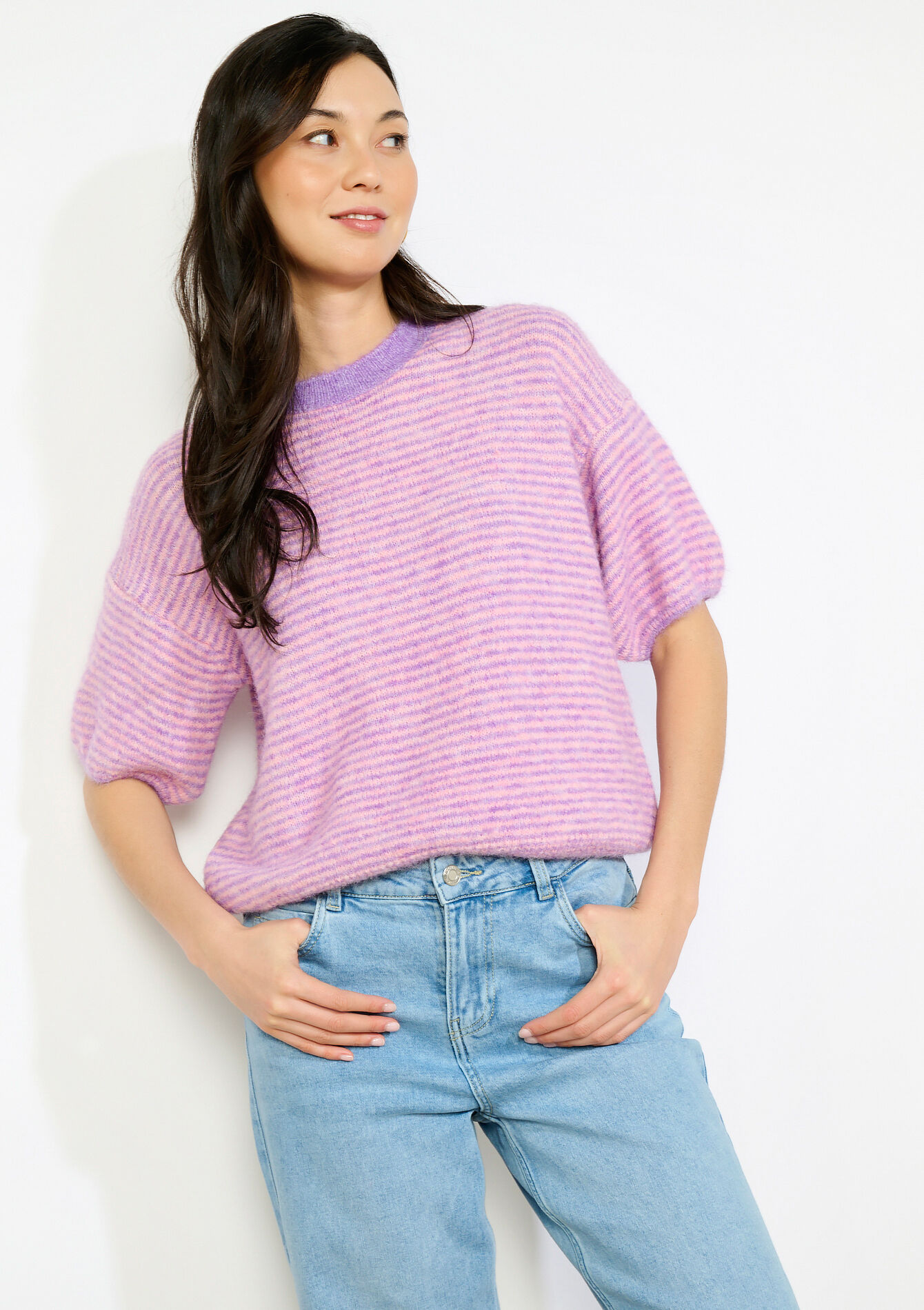 Pull rayé manches courtes, Pull rayé manches courtes - LILAC BRIGHT - 04007224_2578