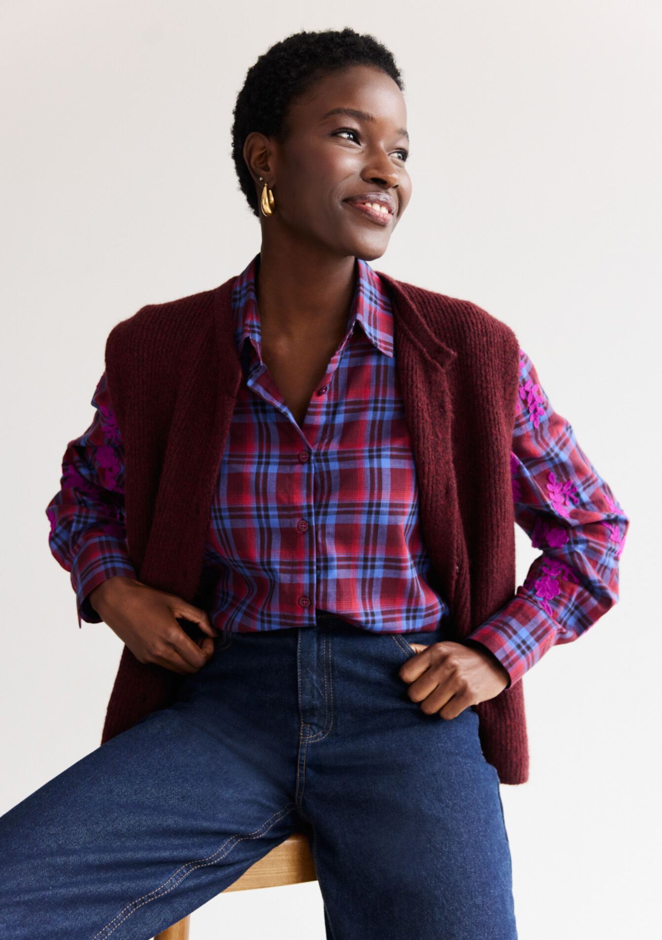 Geruite blouse met borduurwerk, Geruite blouse met borduurwerk, , back