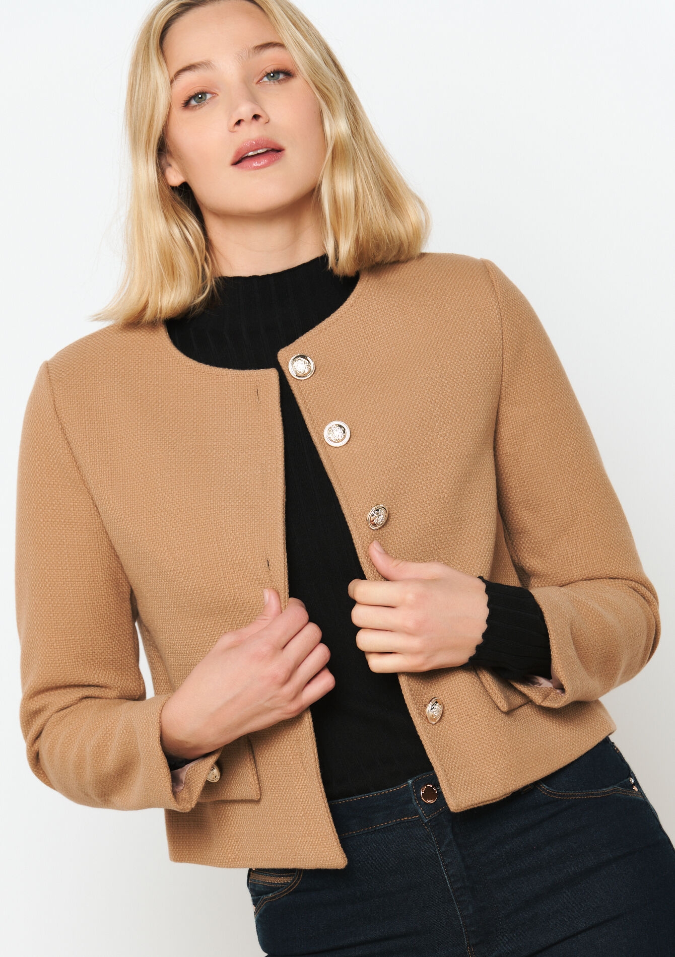 Cropped tweed jacket - CAMEL BEIGE - 09100882_1132