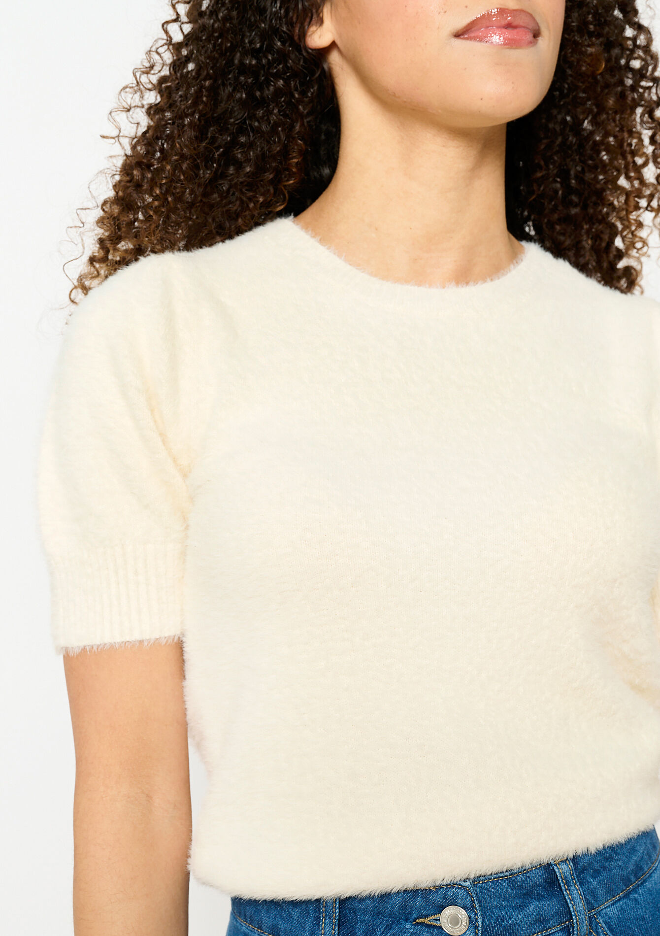 Eyelash sweater with short sleeves, Eyelash sweater with short sleeves - VANILLA WHITE - 04006825_1013