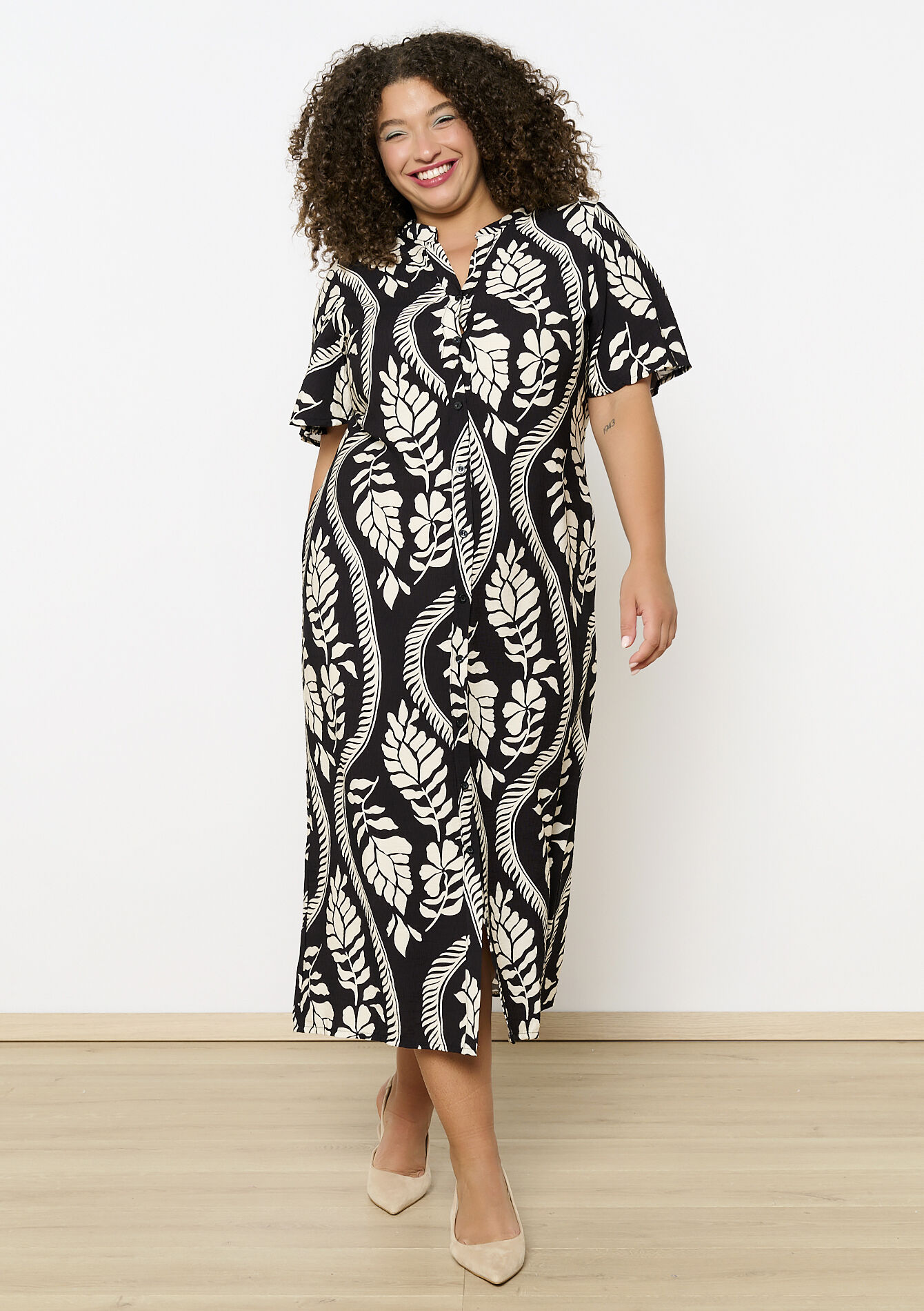Flowing printed shirt dress, Flowing printed shirt dress - BLACK - 08104094