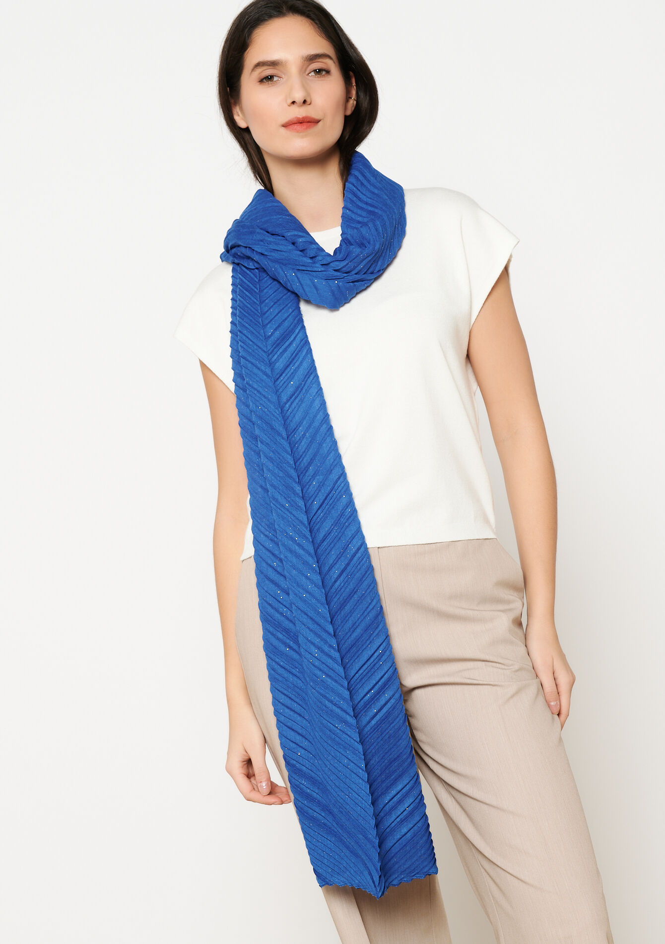 Scarf with plissé and sequins - BLUE FAIENCE - 17101258_1584