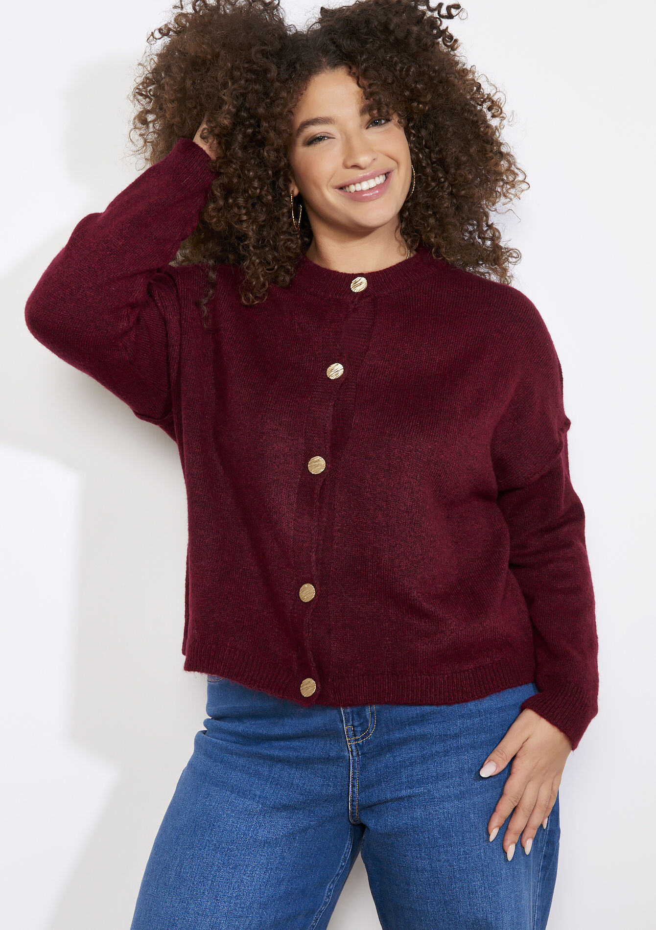 Gold button cardigan - BORDEAUX WINE - 04101412_5514