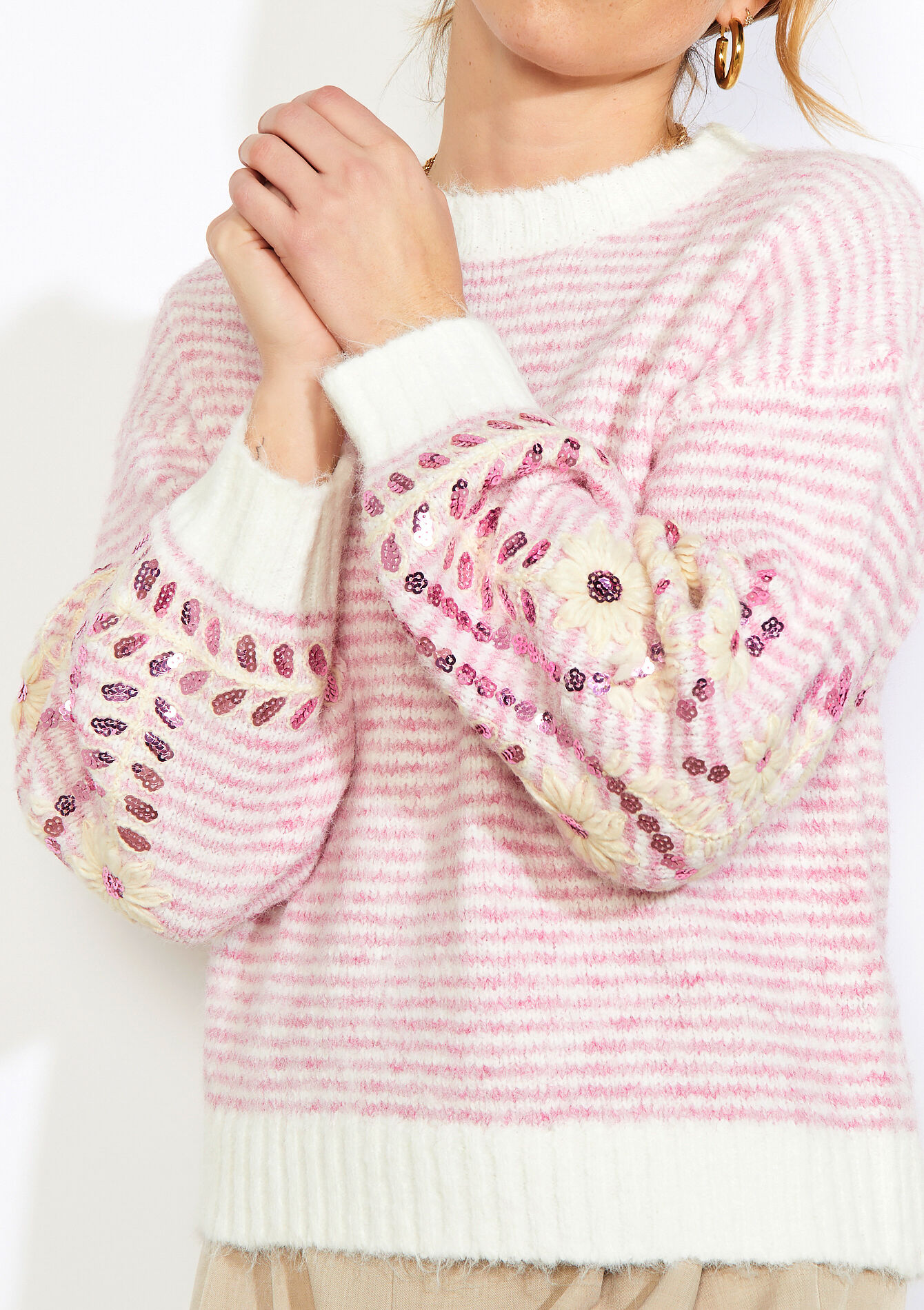 Embroidered striped sweater - LIGHT PINK - 04007201_1303