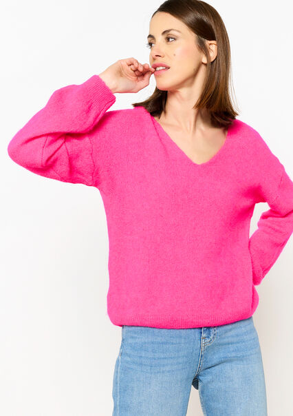 Basic pullover with V-neck - FLUO PINK - 04006494_5727