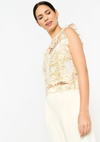 Voile top with flowers - OFFWHITE - 05702558_1001