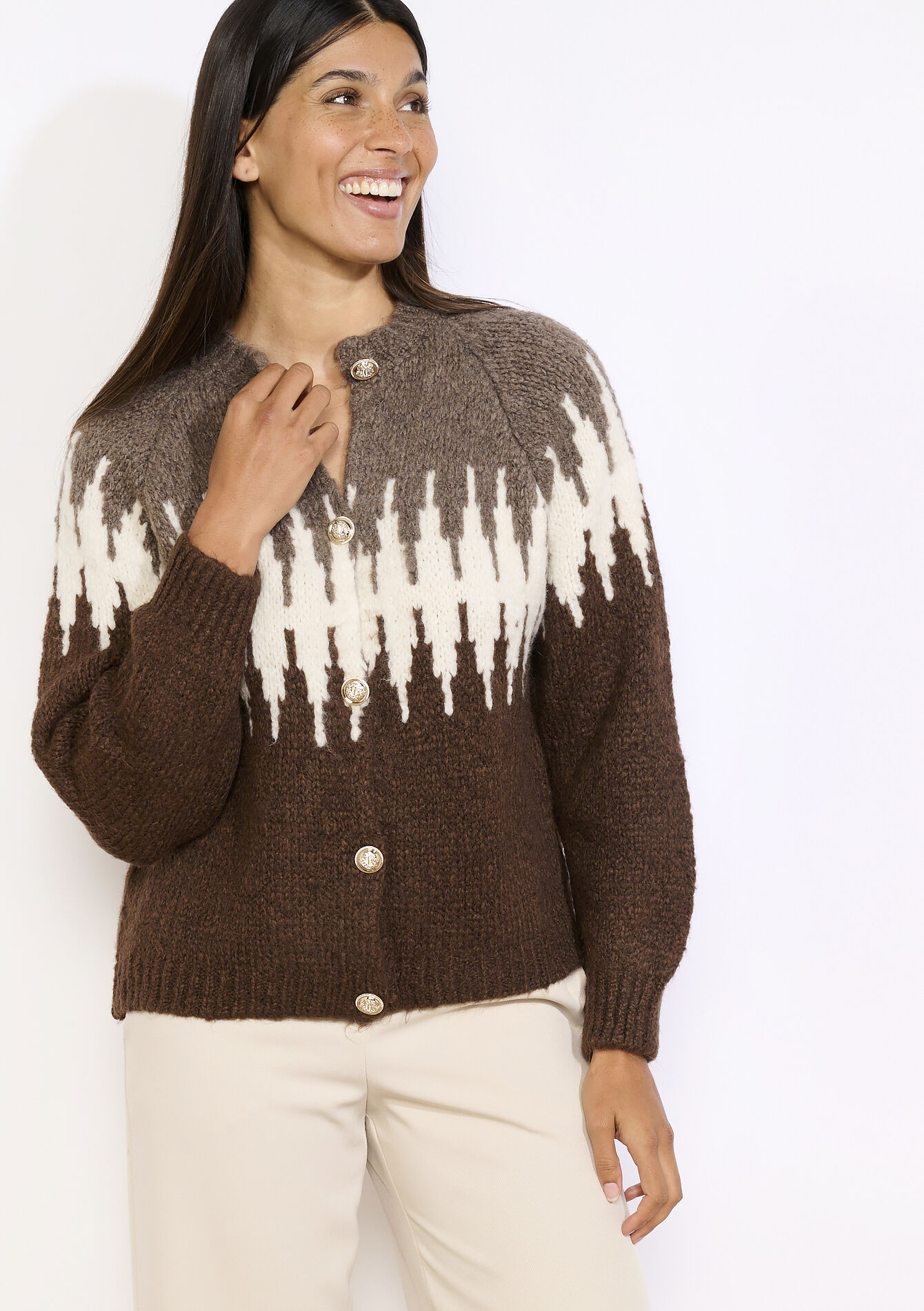 Graphic pattern cardigan, Graphic pattern cardigan - BROWN DARK CHOCOLATE - 04101398_3720
