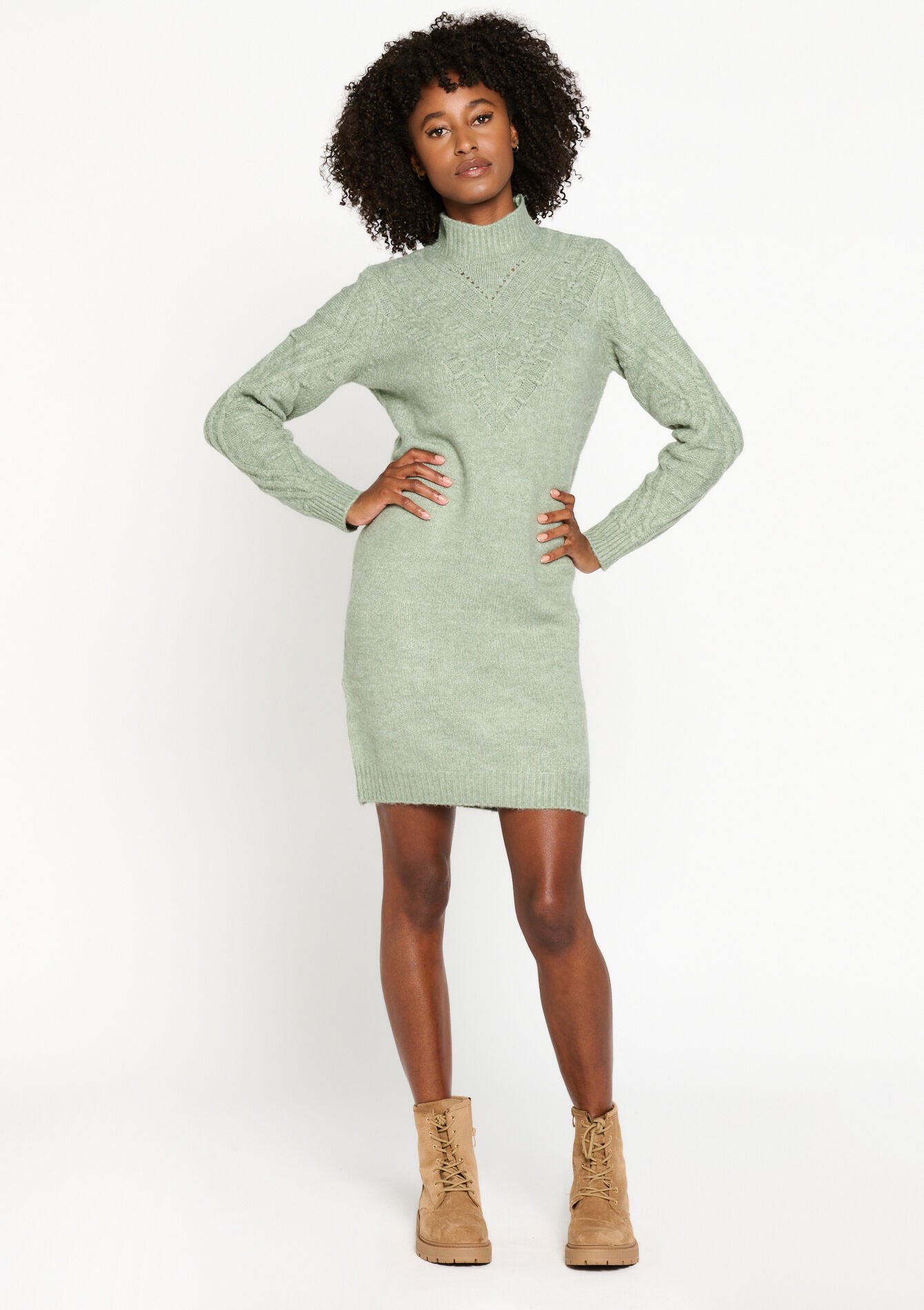 Robe pullover en maille torsadée, Robe pullover en maille torsadée - KHAKI FADED - 08103304_4326