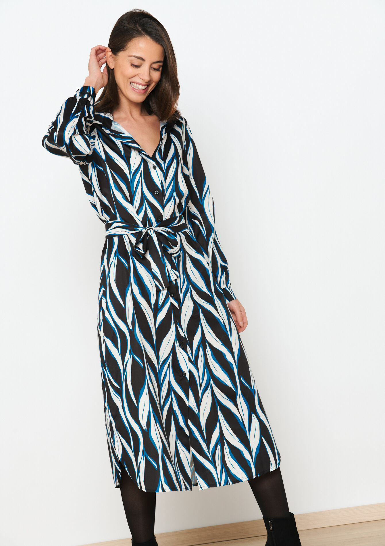 Robe-chemise à imprimé feuilles - BLACK - 08103476_1119