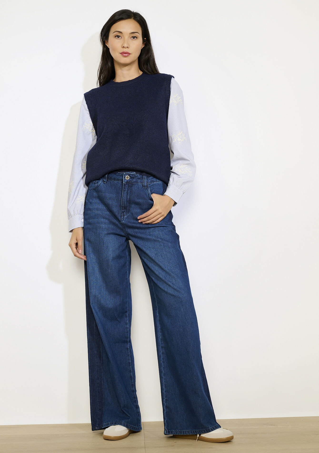 Poplin sleeve sweater - NAVY BASIC - 04006983_2723