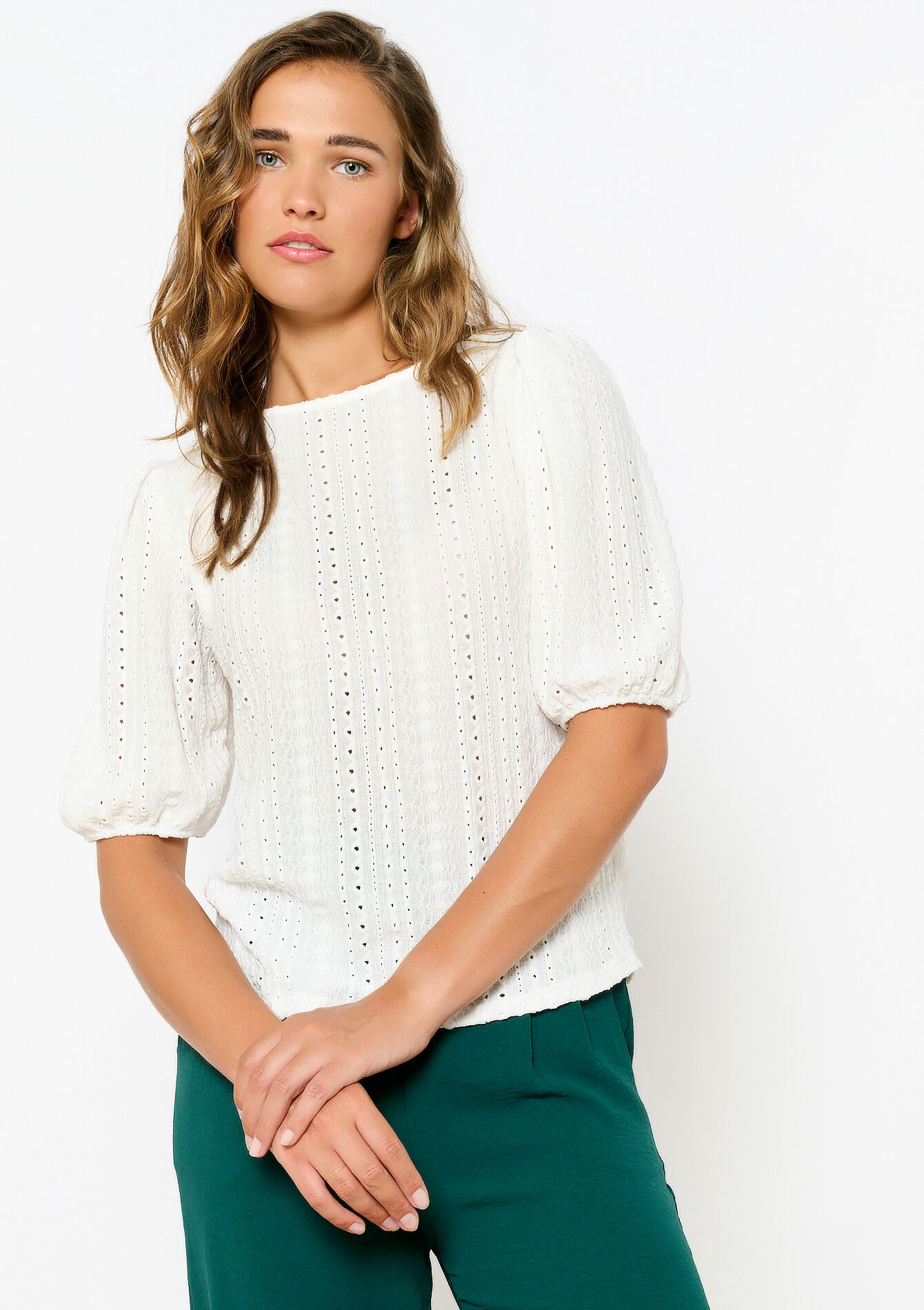 T-shirt with broderie anglaise, T-shirt with broderie anglaise - OPTICAL WHITE - 02301653_1019