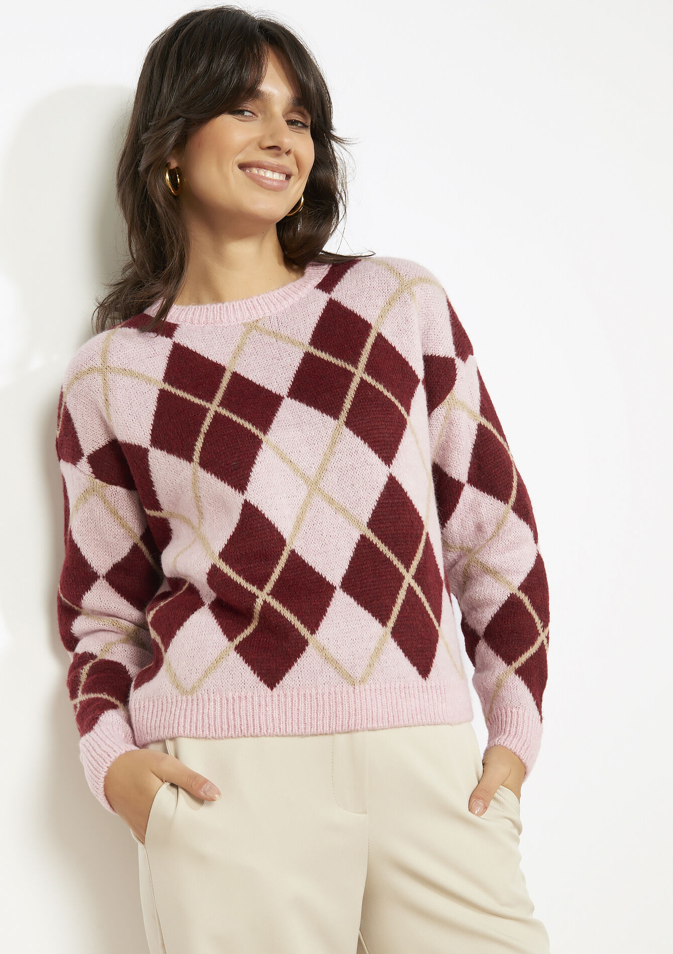 Gebreide trui met ruitmotief - BORDEAUX WINE - 04007135