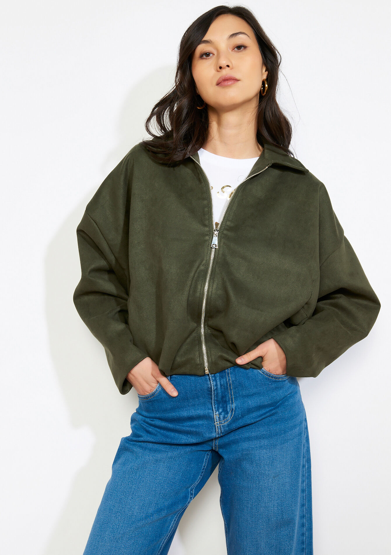 Oversized zip-up bomber - KHAKI DARKY - 09101174_4208