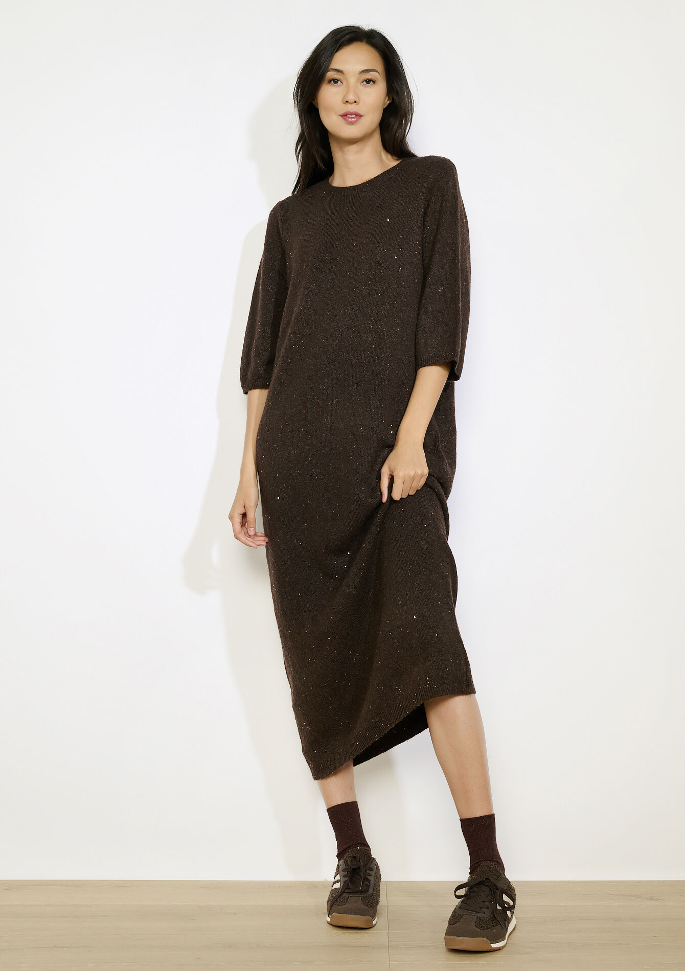 midi gebreide jurk met pailletten, midi gebreide jurk met pailletten - CAMEL BROWN - 08104076_3818