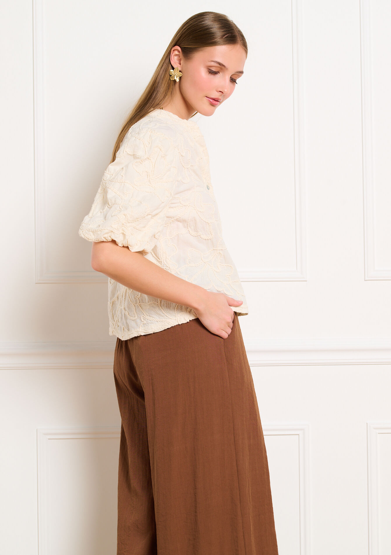 Blouse met structuur en volume mouwen - VANILLA WHITE - 05703070_1013