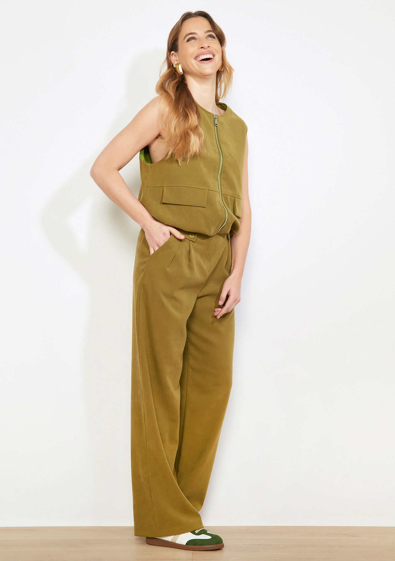 Wijde high-rise broek - GREEN MOSS - 06601114_4504