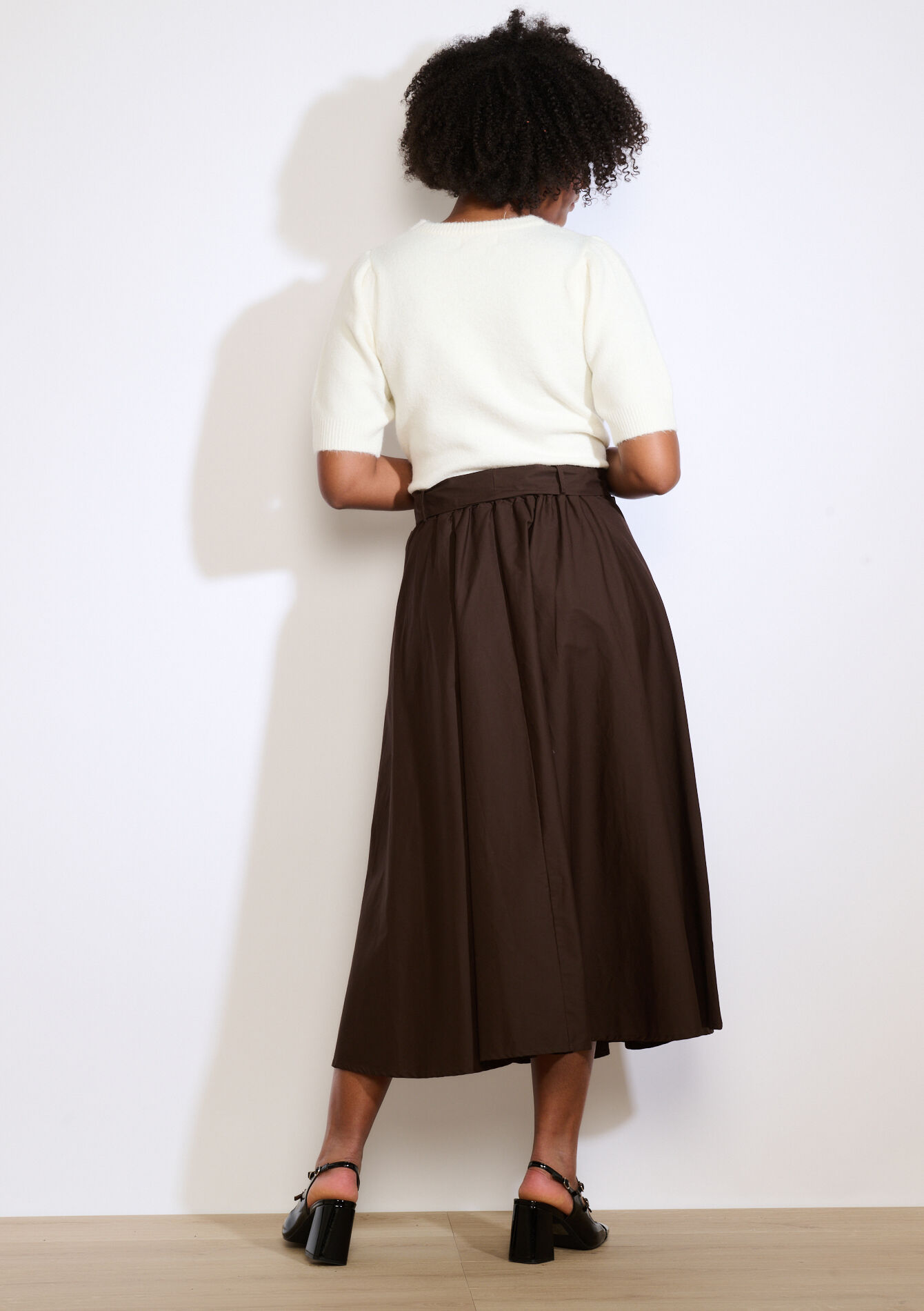 Jupe midi fluide ceinturée, Jupe midi fluide ceinturée - BROWN DARK CHOCOLATE - 07101398_3720