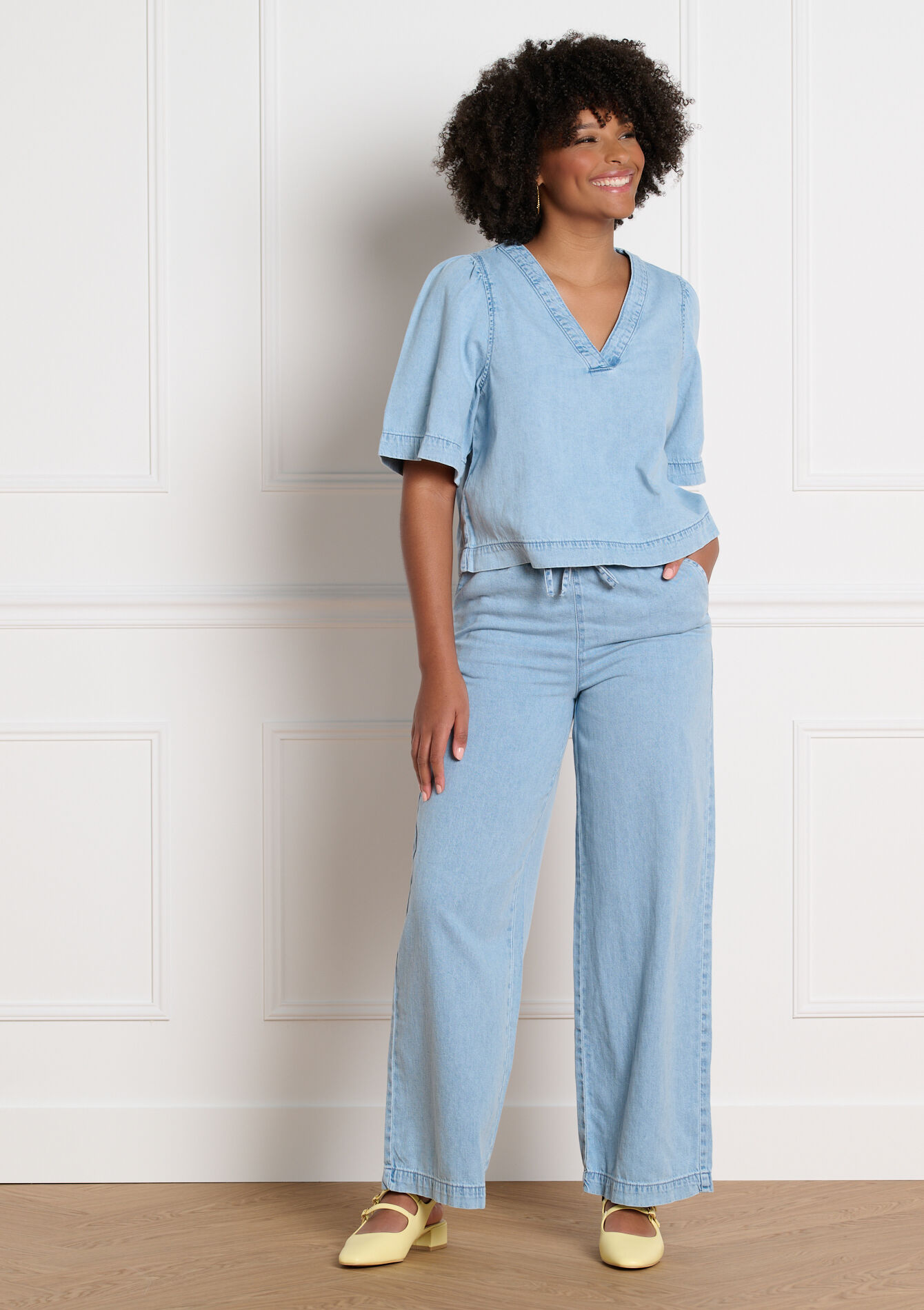 Blouse denim col v - BLUE BLEACHED - 05702946_0502