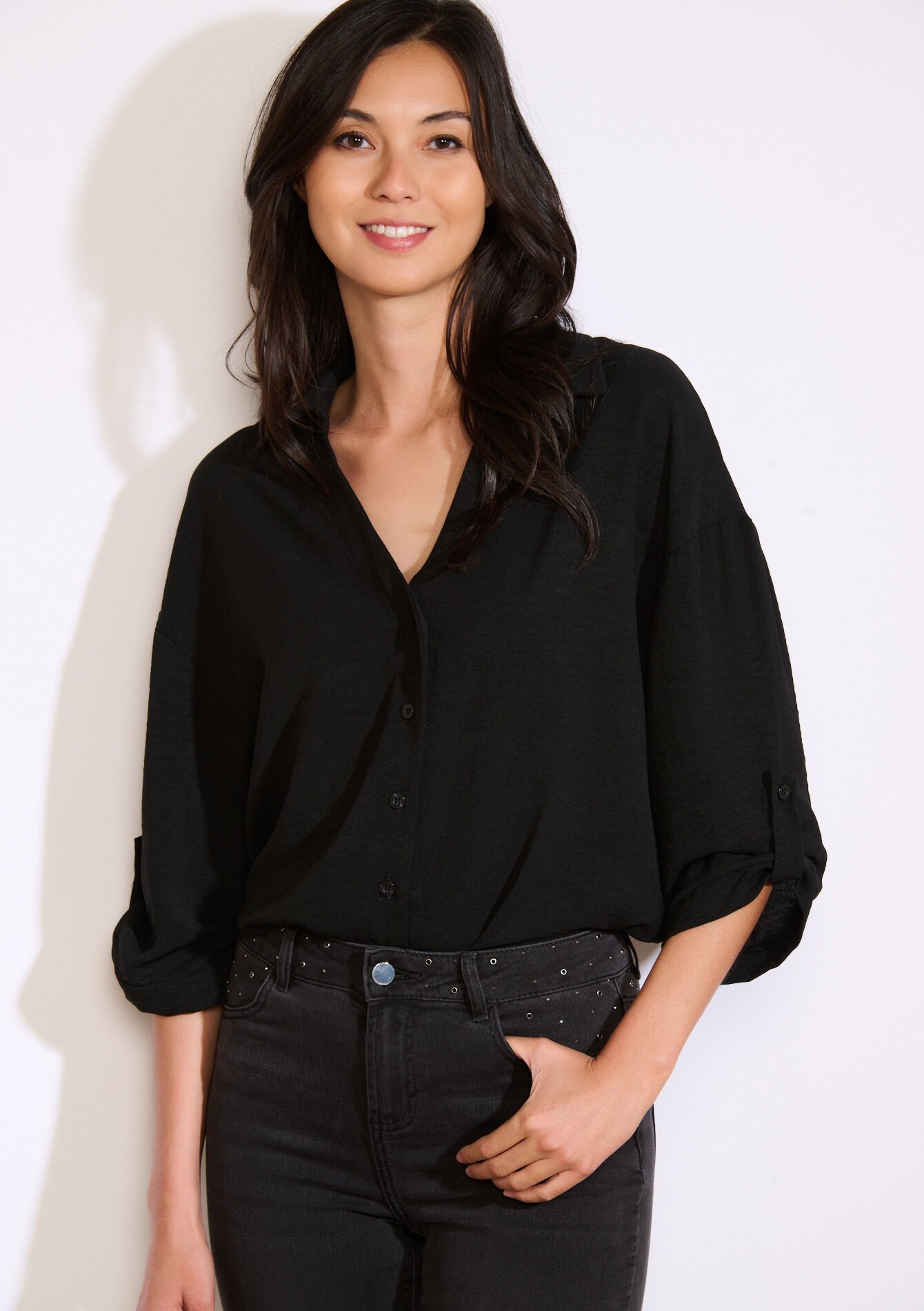 Losvallend overhemd met knopen, Losvallend overhemd met knopen - BLACK - 05702938_1119