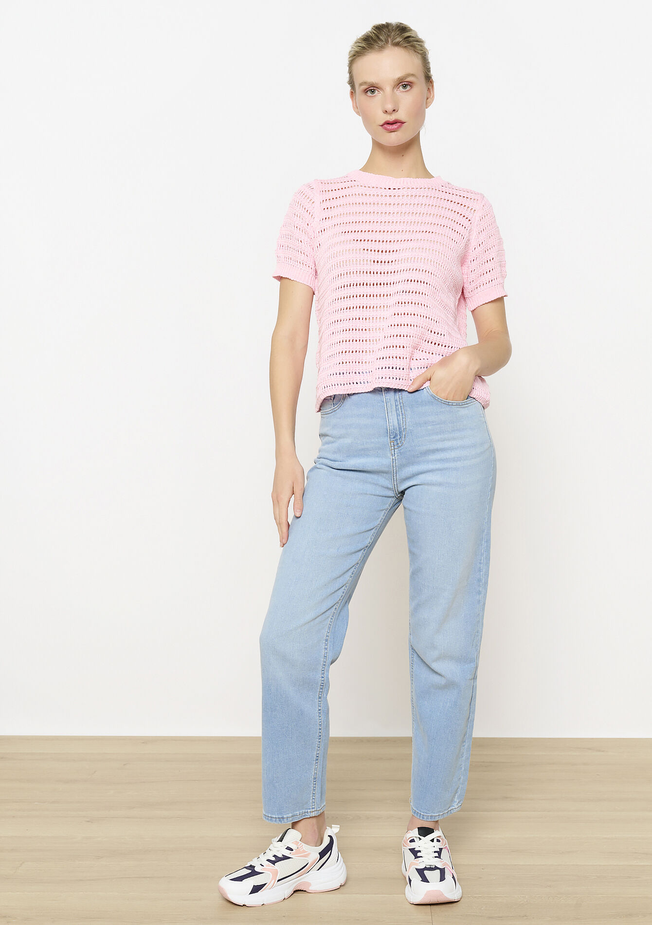 Opengewerkte t-shirt met korte mouwen, Opengewerkte t-shirt met korte mouwen - PINK BUBBLEGUM - 02301825_1477