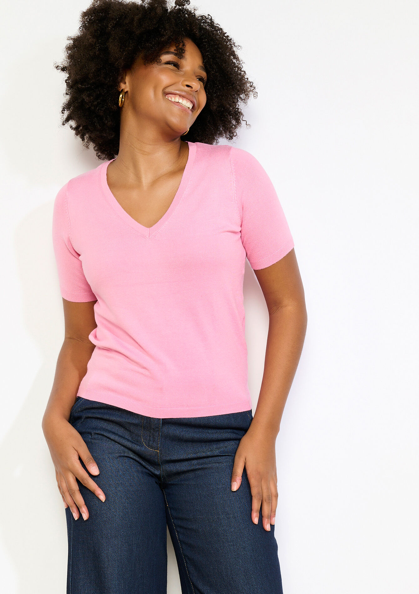 Pull col V manches courtes - PINK BUBBLEGUM - 04007025_1477