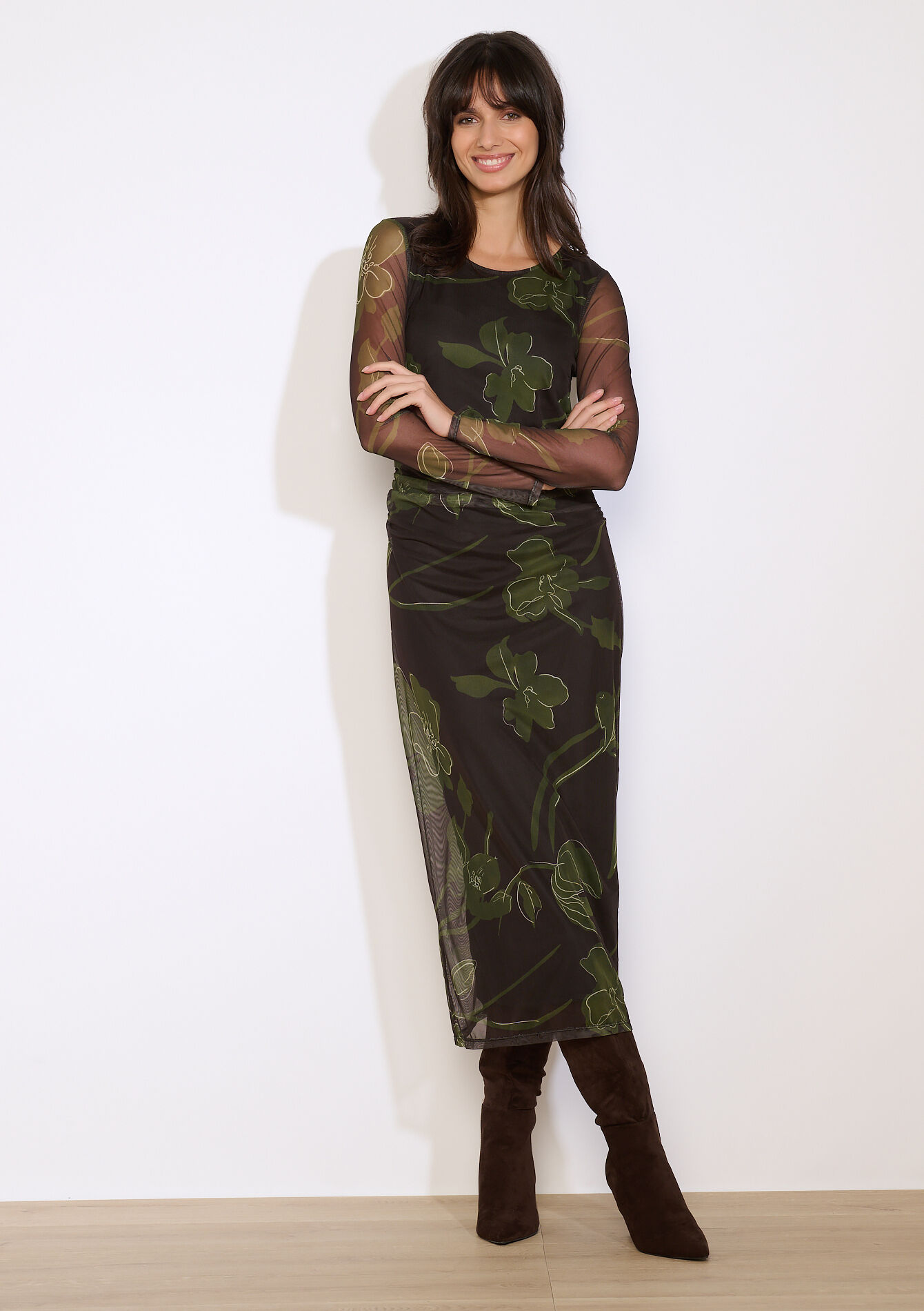 Robe longue en tulle imprimée, Robe longue en tulle imprimée - BROWN DARK CHOCOLATE - 08104395_3720