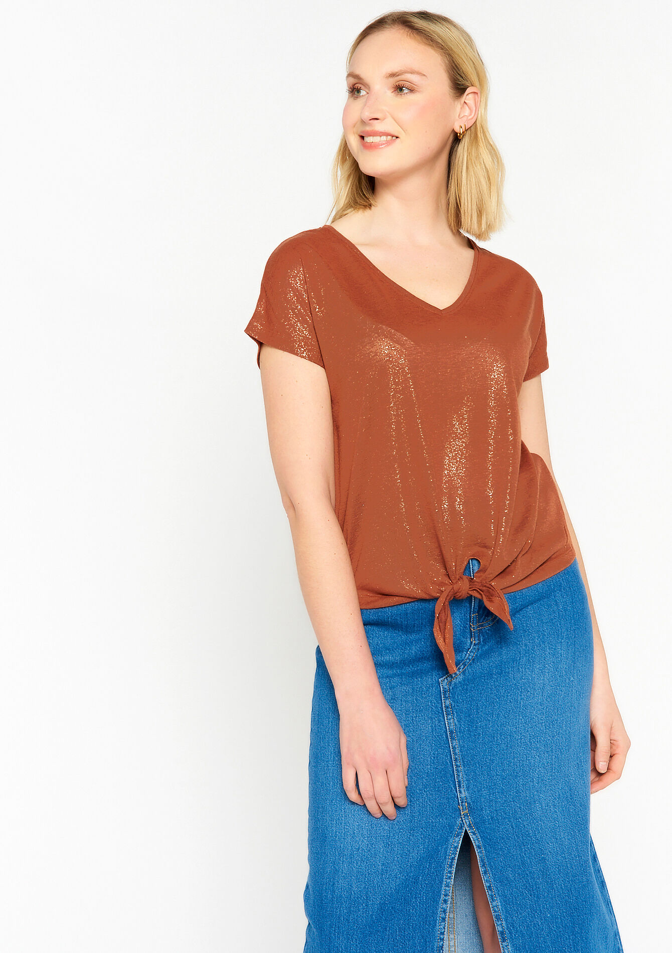 T-shirt à col V - CAMEL CINNAMON - 02301334_3835