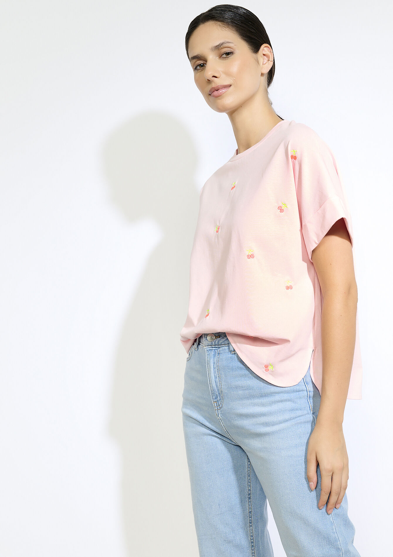 T-shirt à cerises brodées, T-shirt à cerises brodées - LIGHT PINK - 02301816_1303