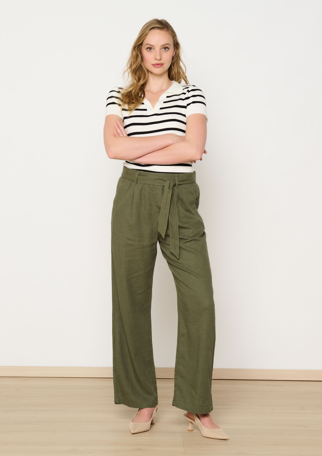 Linnen broek met riem, Linnen broek met riem - KHAKI MED - 06600921_4327