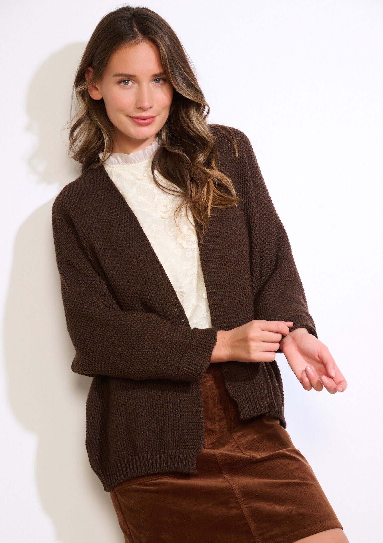 Open knit cardigan, Open knit cardigan - BROWN DARK CHOCOLATE - 04101369_3720